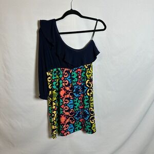 Judith March One Shoulder Dress Ruffle Colorful Print Party Dress Large